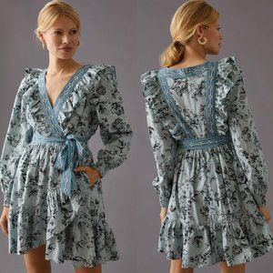 NEW By Anthropologie Ruffle Wrap Mini Dress Blue Flounced Asymmetrical Tie